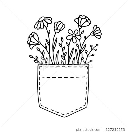 Flowers in pocket, hand drawn floral pattern with daisy, chamomile, wildflowers 127239253