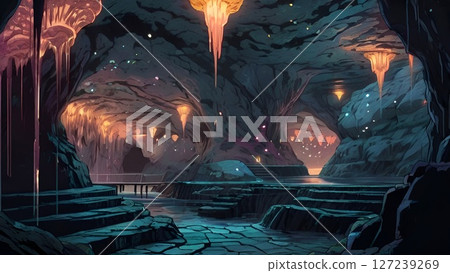 遊戲背景:擁有巨大洞穴的燈光古代遺址 遊戲背景:擁有巨大洞穴的燈光古代遺址 127239269