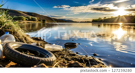Riverbank pollution with plastic and tire waste in forest during sunset 127239280