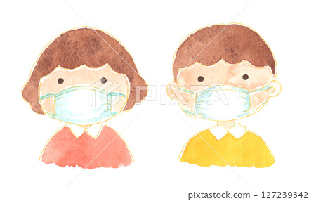 戴著口罩的孩子的水彩插圖 戴著口罩的孩子的水彩插圖 127239342