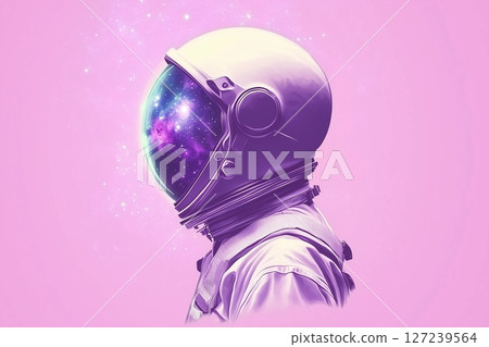 Astronaut in Cosmic Space with Colorful Stars and Nebulae Inside a Purple Background 127239564
