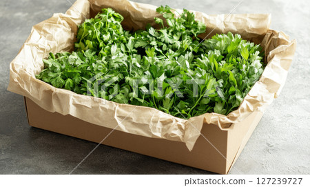 Organic basil and thyme in cardboard delivery box 127239727