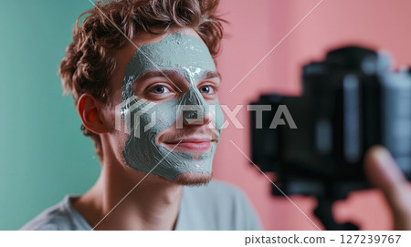 Man with Facial Mask Filming Beauty Vlog 127239767
