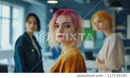 Trendy group of friends with colorful hair and sunglasses. 127239784