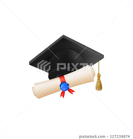 3d diploma scroll with graduate hat. Vintage roll paper 127239874