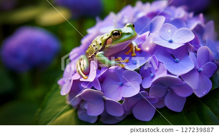 一隻樹蛙站在紫色繡球花上/雨季 1 一隻樹蛙站在紫色繡球花上/雨季 1 127239887