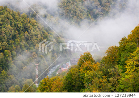 Rosa Khutor village aerial panoramic view. Rosa Khutor is an alpine ski resort located near Krasnaya Polyana town in Sochi region, Russia, autumn 127239944