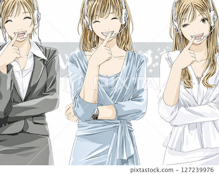 Illustration material of a woman working in an office wearing a headset 127239976