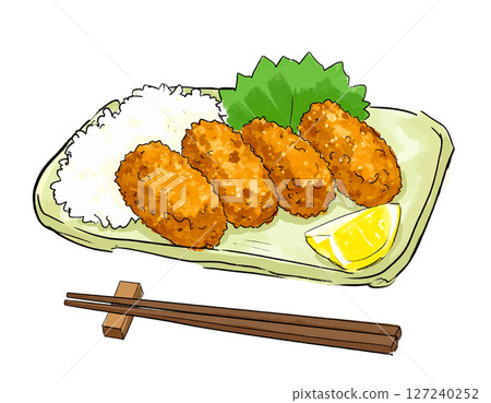 炸牡蠣盛在盤子裡，炸牡蠣的插圖材料 127240252