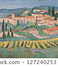Romantic post-impressionist painting of a Tuscan vineyard bathed in golden light. Blurred textures and warm brushstrokes capture the charm of Italian countryside in late summer 127240253