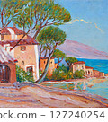 A peaceful seaside view with houses and pine trees along the coast, painted in a warm, textured, post-impressionist style. 127240254