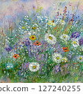 A post-impressionist oil painting of a vibrant flower field by the sea, with expressive brushstrokes, colorful blooms, and a peaceful Mediterranean village in the background 127240255