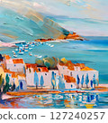 A vibrant coastal scene with white houses and fishing boats, painted in expressive post-impressionist brushstrokes and rich textures. 127240257