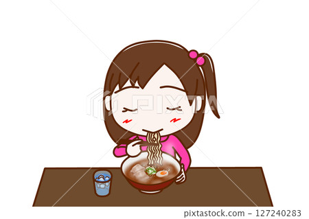 (前上半身)女孩津津有味地吃著熱拉麵 (前上半身)女孩津津有味地吃著熱拉麵 127240283