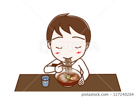 (上半身正面照)一名男子正在津津有味地吃著熱拉麵 (上半身正面照)一名男子正在津津有味地吃著熱拉麵 127240284