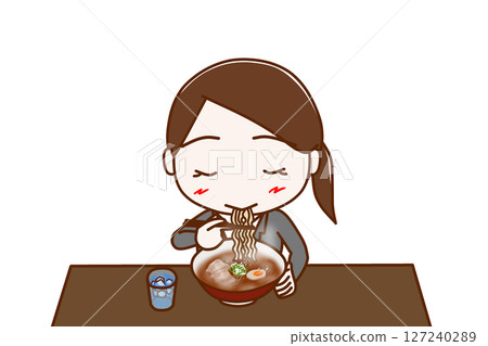 (上半身正面照)一位身著西裝的女子正津津有味地吃著熱騰騰的拉麵 (上半身正面照)一位身著西裝的女子正津津有味地吃著熱騰騰的拉麵 127240289