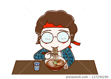 (Front view of upper body) A geek wearing glasses eating hot ramen with gusto (Front view of upper body) A geek wearing glasses eating hot ramen with gusto 127240290