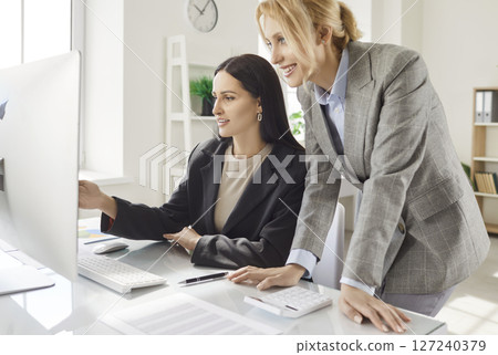 Business owners women, individual female entrepreneur serious businesswomen check data 127240379