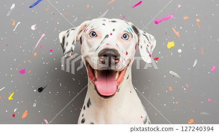 Playful dalmatian dog covered in colorful paint stains, enjoying a messy art project, smiling happily against a gray background 127240394