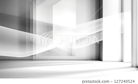 Light beams are crossing an empty room with white abstract architecture 127240524