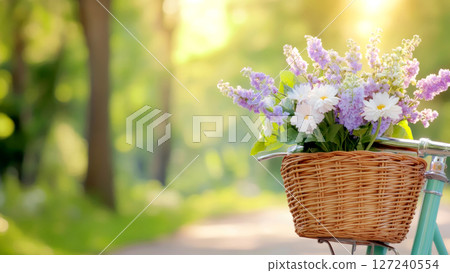 Wicker bicycle basket overflowing with colorful flowers, enjoying a sunny day in a tranquil park 127240554