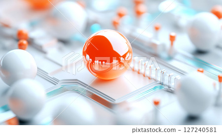 Orange sphere sits on a white futuristic circuit board, surrounded by other white spheres, in a concept of advanced technology 127240581