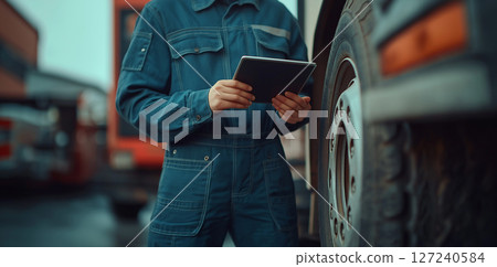 a mechanic in a blue jumpsuit using a tablet while standing next to a truck 127240584