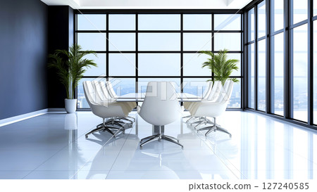 Modern meeting room with white chairs, a large glass table, and large windows overlooking a cityscape 127240585