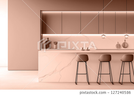 Contemporary kitchen design showcasing elegant mocha tones and marble accents. Modern trendy tone hue shade 127240586