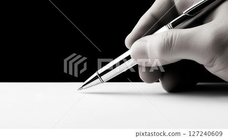 Hand holding a pen about to write something on a blank sheet of paper 127240609