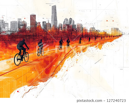 Infographic map displaying the expansion of bike lanes in urban areas, cyclist-friendly theme 127240723