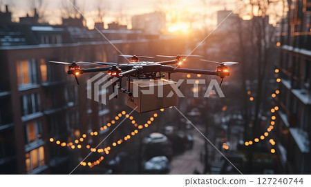 Drone delivering package to rooftop apartment in a modern city, realistic atmosphere Drone delivering package to rooftop apartment in a modern city, realistic atmosphere 127240744