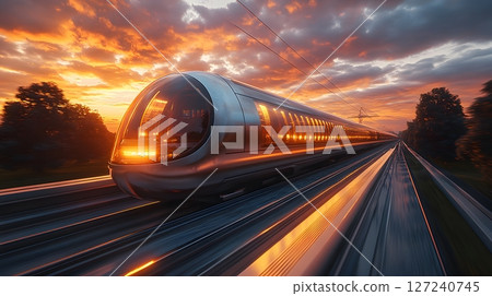 Hyperloop train speeding through countryside at sunrise, photorealistic detail 127240745