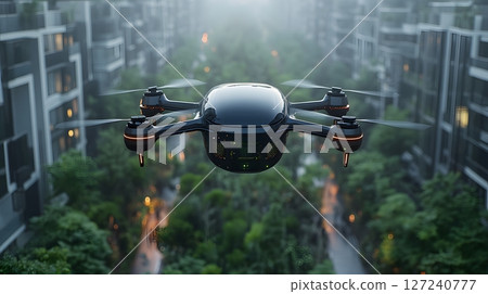 Air purification drone flying over eco-transportation street Air purification drone flying over eco-transportation street 127240777