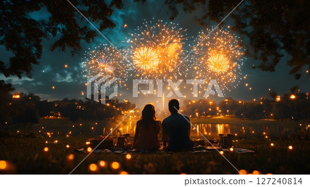 american family watching fireworks at night in a park with picnic setup, 3D render, joyful celebration american family watching fireworks at night in a park with picnic setup, 3D render, joyful celebration 127240814