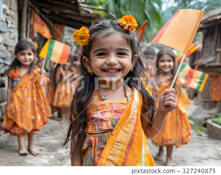 children holding paper flags and dancing at village celebration 127240875