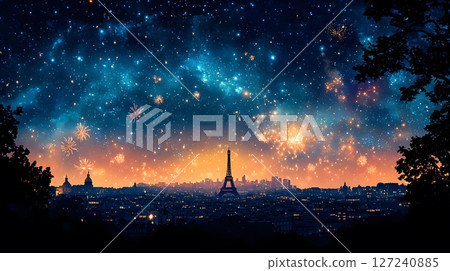 night sky with fireworks and silhouette of Eiffel Tower night sky with fireworks and silhouette of Eiffel Tower 127240885