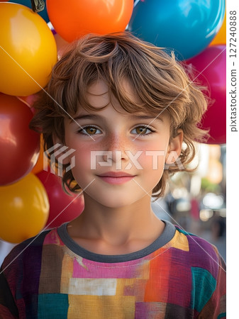 boy with balloon and tricolor outfit at street fair 127240888