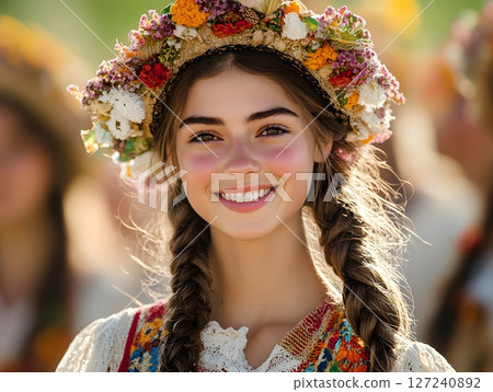 group of dancers in traditional French attire at cultural fair 127240892