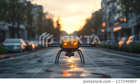 3D animated sequence of drone delivery in urban areas, showcasing package drop-off and navigation 127240907