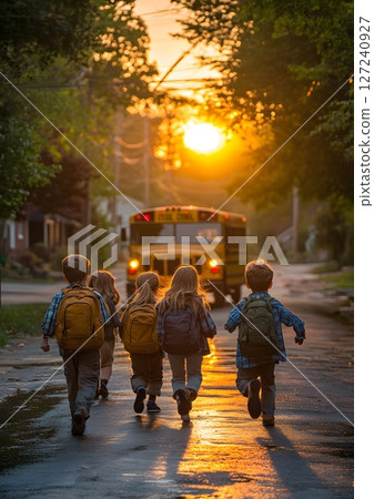 kids running to yellow school bus during sunrise on street 127240927