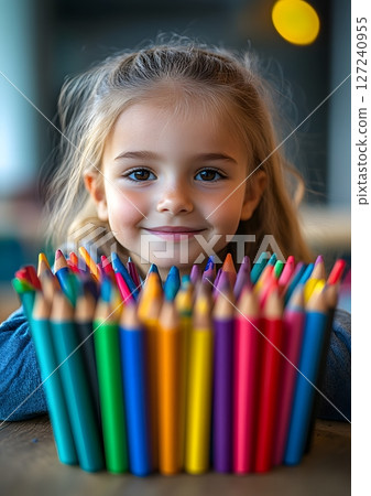 hands of child coloring in classroom using crayons 127240955