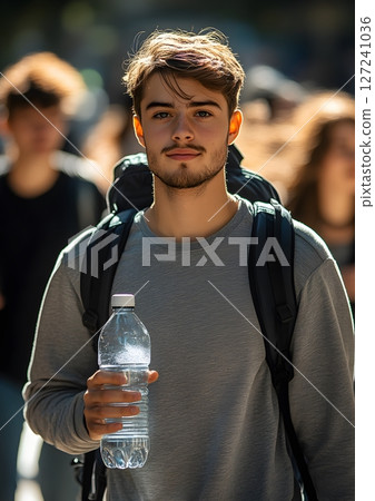 student holding water bottle and walking to class 127241036