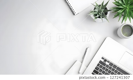 Clean and minimalist office desk setup with a laptop plant and notebook organized workspace 127241307