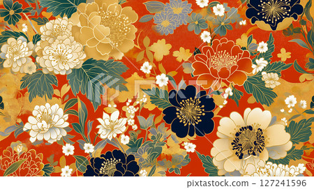 A Japanese floral pattern that accentuates traditional beauty. Elegant decorative background of chrysanthemums and plum blossoms. 127241596