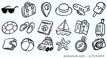 Hand Drawn Travel and Vacation Doodle Icon Set. Hand Drawn Travel and Vacation Doodle Icon Set. 127241654
