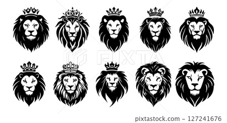 Majestic Lion Heads with Crowns Black and White Graphics Majestic Lion Heads with Crowns Black and White Graphics 127241676