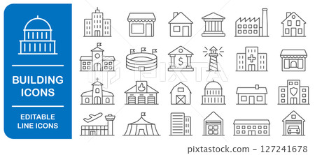 Building editable line icon set. City architecture symbol sign. Containing circus, airport, house, factory, bank, school, fire station, shop, hospital icons collection. illustration image. Building editable line icon set. City architecture symbol sign. Containing circus, airport, house, factory, bank, school, fire station, shop, hospital icons collection. illustration image. 127241678