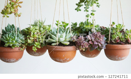 Colorful Succulents in Hanging Ceramic Pots on White Background 127241711