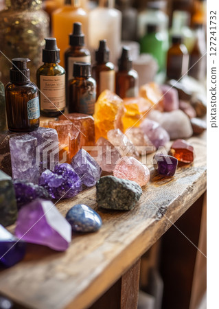 Gemstones in Wooden Bowl with Essential Oils 127241732